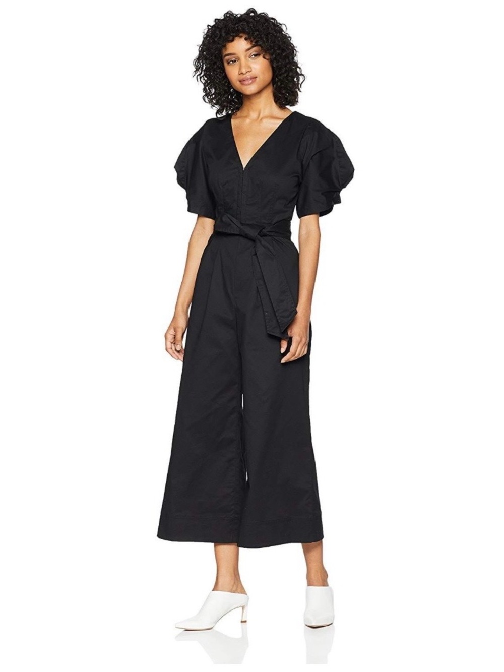 C/MEO Collective Black V-Neck Puff-Sleeve Wide-Leg Jumpsuit